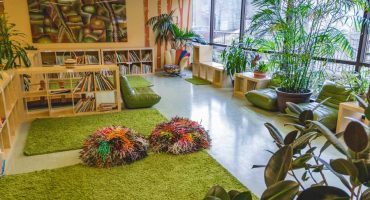 Library With Kid-Sized, Padded Chairs And Fuzzy, Bean Bag Chairs Living Montessori Library With Kid-Sized, Padded Chairs And Fuzzy, Bean Bag Chairs